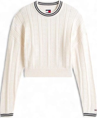 Tommy Jeans Flag Kabel Gebreide Relaxte Jumper - Dames - Ronde hals truien - Beige - L - Katoen - Truien & Vesten