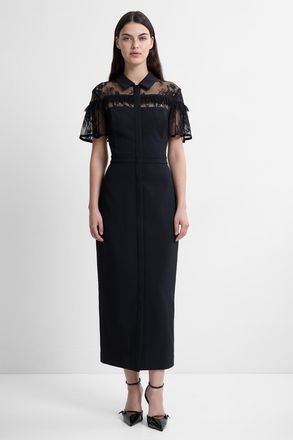 French Connection Womens Black Collared Short Sleeve Floral Lace Midi Dress - Size 14 UK