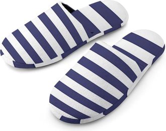 Generic Navy Blue And White Stripe Mens Flannel Slipper Soft Comfy House Shoes Non Slip Winter Warm Indoor Outdoor Slippers