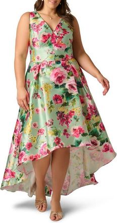 Adrianna Papell High-Low Fit & Flare Midi Cocktail Dress in Mint Multi at Nordstrom, Size 16W