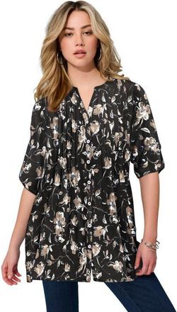 Roaman's Pintuck Tunic Blouse Y-Neck & Roll-Tab Sleeves in Neutral Sketch Blossoms at Nordstrom, Size 42