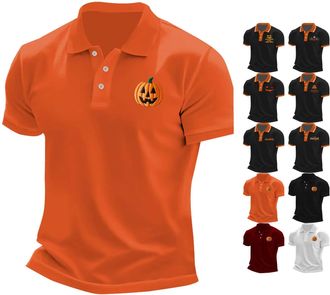 Generic Halloween Polo Shirts for Men Short Sleeve Funny Pumpkin Print Golf Shirt Breathable Quick Dry Sports Gym Workout Button Tee (A02-Orange,4XL)