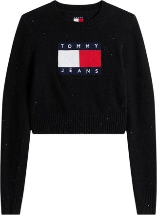 Tommy Jeans TJW Sparkle Flag Swe - Dames - Ronde hals truien - Zwart - XS - Katoen - Truien & Vesten