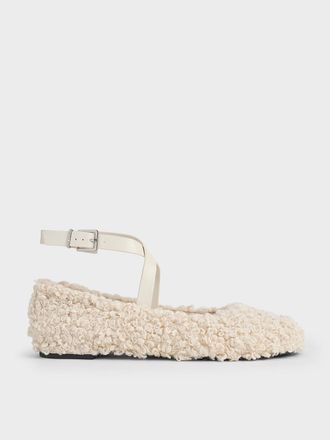 Charles & Keith Margot Furry Crossover-Strap Ballet Flats