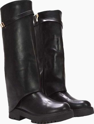 XY London Womens XY London Womens/Ladies Amina Fold Over Knee-High Low Heel Boots - Black - Size: 4