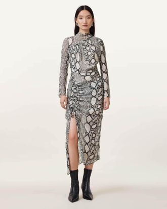 AllSaints Womens Viscose Rizo Snake Print Silk Blend Midi Dress, Size: UK 14/US 10