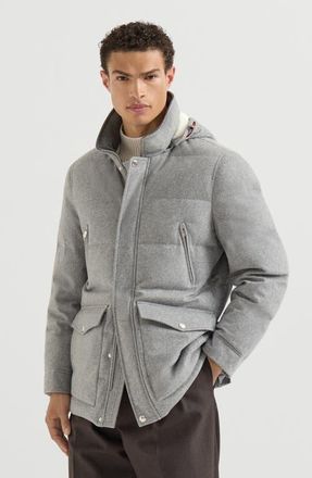Brunello Cucinelli Bonded wool flannel down parka with detachable hood in Light Grey at Nordstrom, Size Xxx-Large