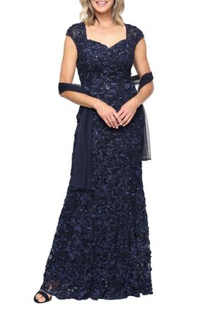 Alex Evenings Soutache Sequin Lace A-Line Gown with Wrap in Navy at Nordstrom, Size 14