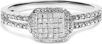 House of Brilliance Silver 1/4 Cttw Princess-cut Diamond Composite Ring with Beaded Halo in White at Nordstrom, Size 12