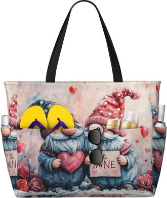 Generic Valentines Gnomes Print Large Beach Bag Foldable Travel Shoulder Tote Bag With Pocket For Weekender Pool Vacation