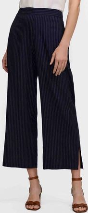 Foxcroft Jenna Pinstripe Wide Leg Crop Linen Blend Pants in Navy Blue/White at Nordstrom, Size X-Large