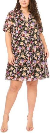 CeCe by Cynthia Steffe Floral Short Sleeve Babydoll Dress in Rich Black at Nordstrom, Size 2 X