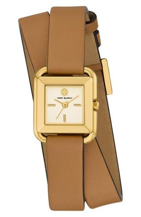 Tory Burch The Small Kira Double Wrap Leather Strap Watch, 18mm x 18mm in Gold at Nordstrom