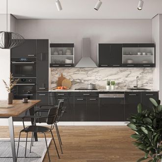 Vicco Mueble De Cocina R-line, Antracita Brillo Intenso/blanco, 350 Cm Con Armario Alto, Et M&aacute;rmol