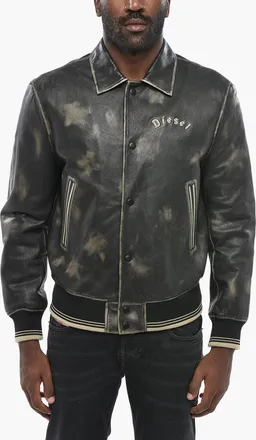 Diesel Acid-Wash Effect Leather Jacket NEW-LAKER-LE With Snap Buttons Diesel
