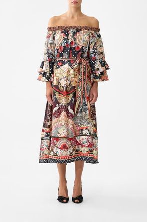 Camilla Off Shoulder Midi Dress With Frill Sleeve in Daughters Of Duende at Nordstrom, Size Xx-Small Au