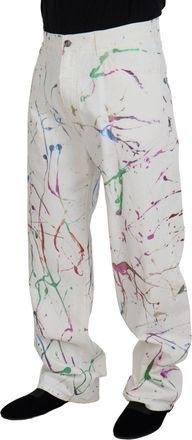 Dolce & Gabbana Mens White Cotton Splash Print Denim Pants