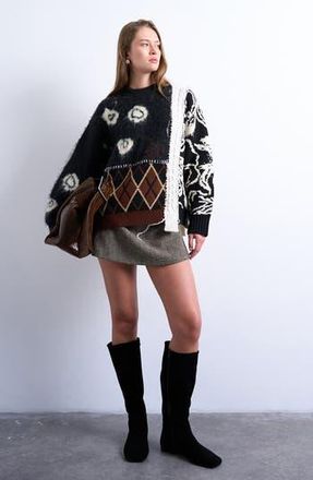 Topshop Patchwork Intarsia & Argyle Sweater in Black at Nordstrom Rack, Size X-Small