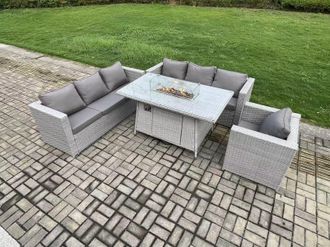 Fimous 7 Seater Outdoor Garden Dining Sets Rattan Furniture Gas Fire Pit Dining Table Gas Heater with Armchair Light Grey