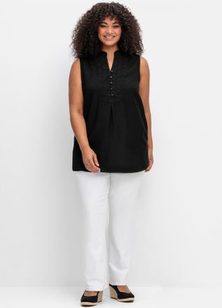 Sheego Blusentop SHEEGO BY JOE BROWNS, Damen, Gr. 40, schwarz, 50% Viskose, 37% Baumwolle, 13% Leinen, unifarben, Blusen Blusentop