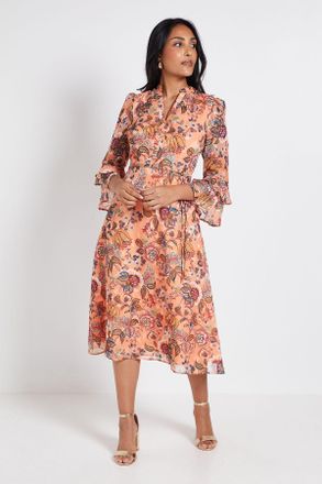 Wallis Womens PETITE PAISLEY BURN OUT RUFFLE MIDI DRESS - Orange - Size 10 UK