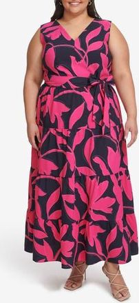 DKNY Floral Sleeveless Tiered Maxi Dress in Navy/Pink at Nordstrom Rack, Size 16W