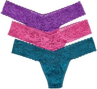 Hanky Panky Signature Lace(r) Low Rise Thongs 3-Pack Womens Underwear Intuition Pink/Riviera Blue/Twilight Purple, Lace/Nylon