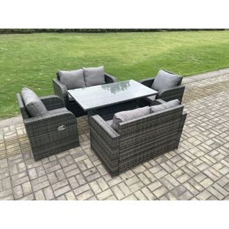 Fimous Rattan Furniture Outdoor Garden Dining Set Patio Height Adjustable Rising lifting Table Love Sofa Chair Set - Fimous