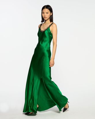 Serena Bute Silk Slip Dress with Lace Trim - Emerald Silk