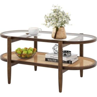 Costway Costway - Mesa De Centro De 2 Niveles, Mesas Auxiliares Para Sal&aacute;n De Rat&aacute;n Pe Con Superficie De Vidrio Templado, Mesa De Caf&eacute; De Madera Para Hogar, S