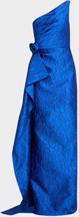 Teri Jon Draped One-Shoulder Jacquard Column Gown