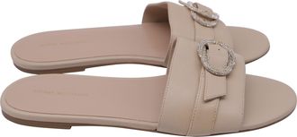Stuart Weitzman Crystal-Embellished Slides in Beige Leather
