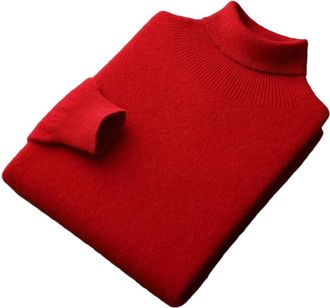 Generic Mens 100% Merino Wool Turtleneck Sweater Long Sleeve Knitted Pullover Solid Underlayer Jumper Red XL