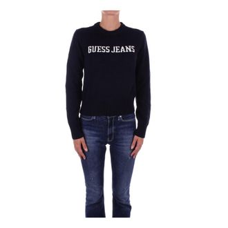 Guess Blauwe Logo Front Sweater - Dames - Ronde hals truien - Blauw - S - Katoen - Truien & Vesten