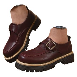 Generic Round Toe Chunky Loafers Women Platform Lug Sole Low Heels Loafer Comfortable Slip On Business Casual Work Dress Shoes Womens Leather Buckle Strap Dri