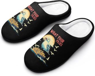 Generic Seagulls I Want Your Fries Mens Slippers Slip On Comfortable Fleece Cotton House Shoes Winter