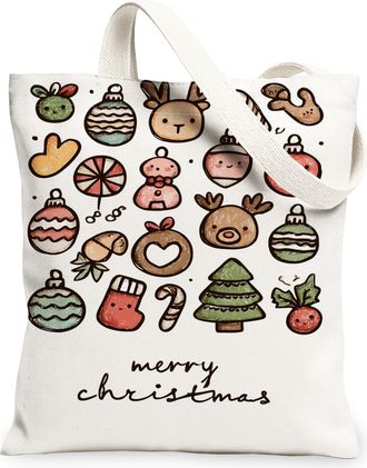 Generic Christmas Ornaments Canvas Tote Bags, Fanciful Holiday Design Reusable Grocery Bags, Lightweight Washable Shoulder Strap Ca, White, 13x15 Inch