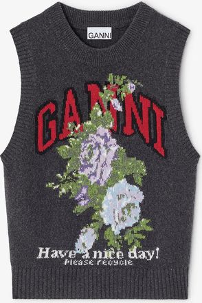 Ganni Mixed Dark Grey Rose Wool Vest
