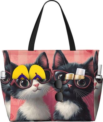 Generic Cute Cat Print Large Beach Bag Foldable Travel Shoulder Tote Bag With Pocket For Weekender Pool Vacation