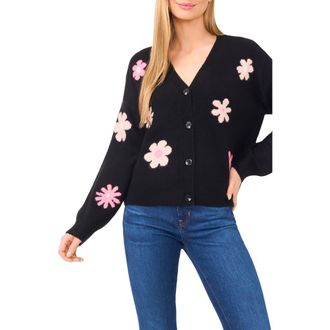 CeCe by Cynthia Steffe Groovy Flower Cardigan in Rich Black at Nordstrom, Size X-Large