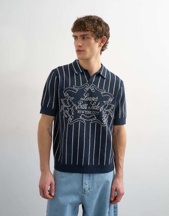 Topman Polo comoda in maglia blu navy a righe con scritta East Side jacquard-Grigio