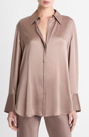 Vince Relaxed Lace Trim Placket Silk Satin Button-Up Shirt in Mauve Lilac at Nordstrom Rack, Size Medium