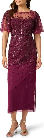 Adrianna Papell Beaded Flutter Sleeve Mesh Cocktail Dress in Bordeaux at Nordstrom, Size 10
