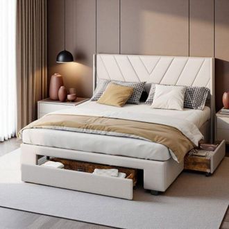 OEM Cama Con Storage 140x200 - Beige Topo - 3 Cajones - Dise&ntilde;o Moderno - Estructura En Mdf
