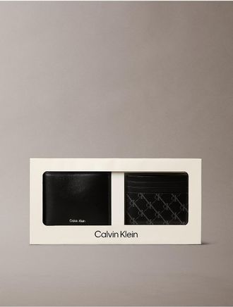 Calvin Klein Mens Raised Logo Leather Wallet & Coated Canvas Card Case - Black