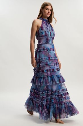 Karen Millen Womens Tulle Layered Halter Neck Maxi Dress - Floral - Size 10 UK