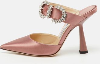 Jimmy Choo London Dusty Rose Satin Crystal Buckle Embellished Smokey Mules