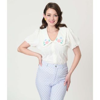 Unique Vintage Short Sleeve Oversized Collar Blouse in White W/floral Embroidery at Nordstrom, Size X-Small Short