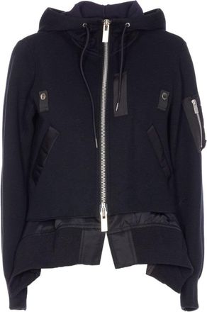 sacai Cropped Black Hoodie With Layered Hem And Functional Accents