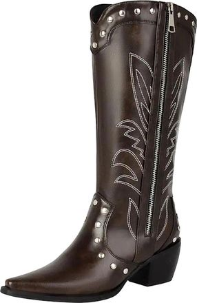 Generic Womens Western Mid Calf Boots Square Toe High Thick Heel Zipper Closure With Embroidery And Rivet Details